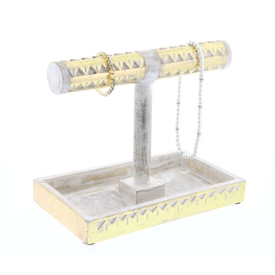 Natural Themed Gold and White Wood Jewelry Stand, 10" x 12" x 7"